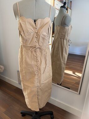 Anthropologie Beige Scalloped Neck Button-Front Midi Dress 12